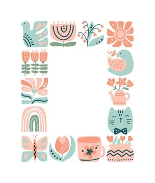 Vector spring ethnic logo composition pattern frame tile mosaic of bird, flower Stock Illustration