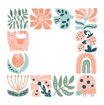 Vector spring ethnic logo composition pattern frame tile mosaic of bird, flower Stock Illustration