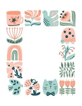Vector spring ethnic logo composition pattern frame tile mosaic of bird, flower Stock Illustration