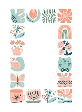 Vector spring ethnic logo composition pattern frame tile mosaic of bird, flower Stockillustratie