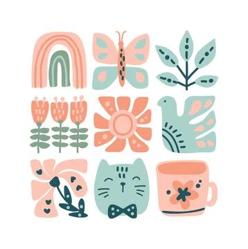 Vector spring ethnic logo composition pattern tile mosaic of bird, flower, leaf Illustrazione stock