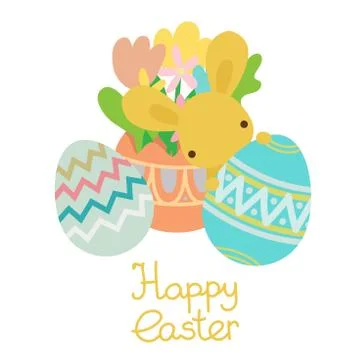 Vector spring flowers with eggs with rabbit. Stock Illustration