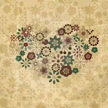 Vector spring  flowers organized in heart shapes, old paper texture Stock Illustration