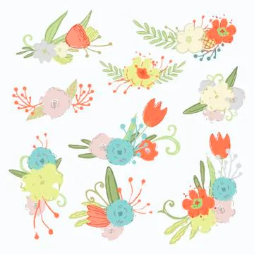 Vector spring flowers set isolated on a white background hand draw doodle Stock Illustration