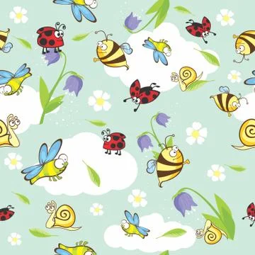 Vector spring funny cartoon insects seamless pattern イラスト素材