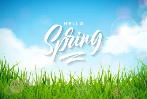 Vector spring illustration with green grass on nature landscape background Stock Illustration
