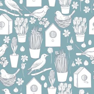 Vector spring pattern with birds and spring flowers. Sketch    illustration. Illustrazione stock