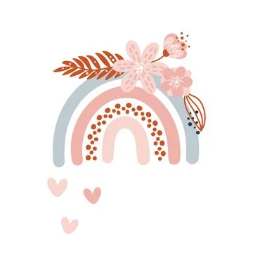 Vector spring rainbow with bouquet and rain dots in form of heart. Cartoon hand Illustrazione stock