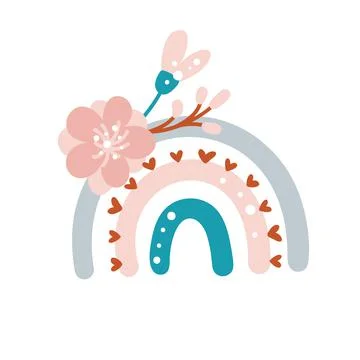 Vector spring rainbow with bouquet and hearts. Cartoon hand drawn scandinavian Illustrazione stock