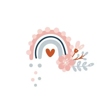 Vector spring rainbow with bouquet and hearts. Cartoon hand drawn scandinavian Illustrazione stock