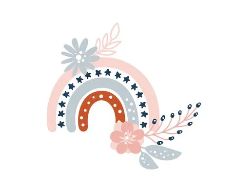 Vector spring rainbow with bouquet and hearts. Summer cartoon hand drawn 스톡 일러스트