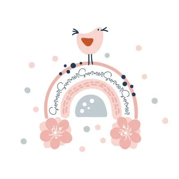 Vector spring rainbow with flowers bouquet, dots and bird above. Cartoon hand Stock Illustration