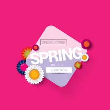 Vector spring sale design template banner or tag on pink background. Abstract Illustrazione stock