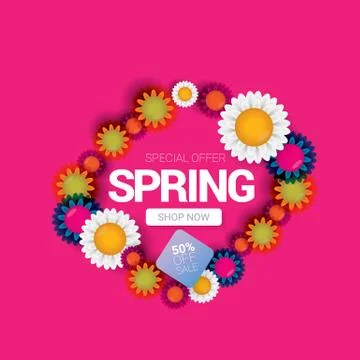 Vector spring sale design template banner or tag on pink background. Abstract Stock Illustration