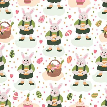 Vector spring seamless pattern with rabbit boys, Easter cakes and eggs. Stockillustratie