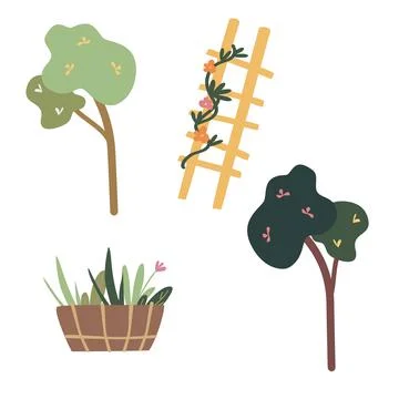 Vector spring set with flower bed, trees and stairs. Graphic design element.  Stock Illustration