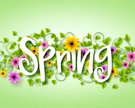 Vector Spring Text Design with Colorful Realistic Elements Stock Illustration
