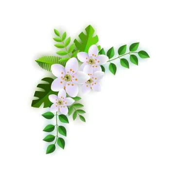 Vector spring white flowers with leaves pattern Illustrazione stock