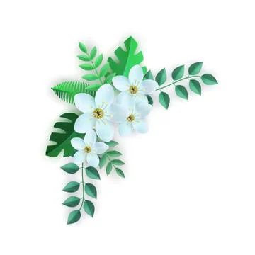 Vector spring white flowers with leaves pattern Stock Illustration