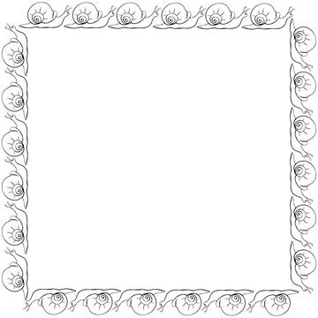 Vector square border, frame of outline cute snails in doodle style. Simple ba Illustrazione stock