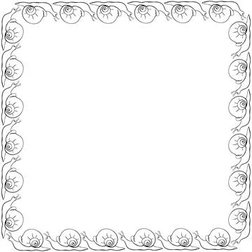 Vector square border, frame of outline cute snails in doodle style. Simple ba Stock Illustration