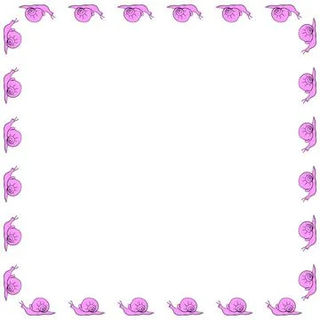 Vector square border, frame of pink cute snails in flat style. Simple backgro Illustrazione stock