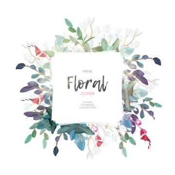 Vector square botanical frame with pale pink roses, green leaves and plants 库存插图