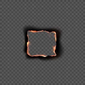 Vector square empty burnt paper frame with realistic flames and charred edges. Stock Illustration