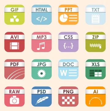 Vector square file types and formats labels icon set. File type format icons Stock Illustration