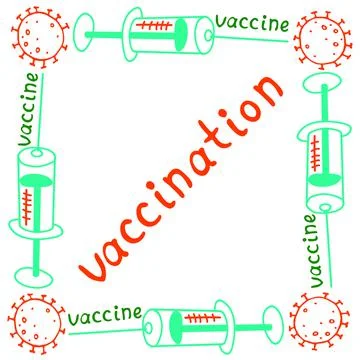 Vector square frame and lettering vaccination. Contour molecules, coronavirus Stock Illustration