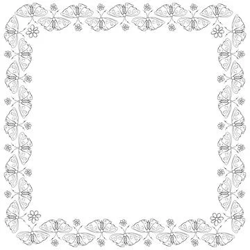 Vector square frame, border from contoured cute butterflys and flowers in d.. Stock Illustration