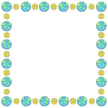 Vector square frame, border from the Earth and the Moon in doodle flat styl.. Ilustração Stock
