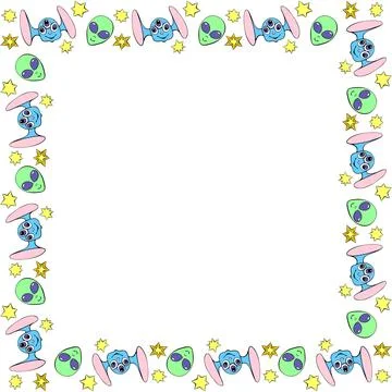 Vector square frame, border from funny Aliens heads, stars in doodle flat s.. 스톡 일러스트