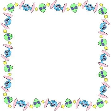 Vector square frame, border from funny Aliens heads, stars in doodle flat s.. 스톡 일러스트
