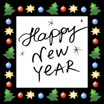 Vector square frame of color Christmas trees, tree balls, stars in flat style Stock Illustration