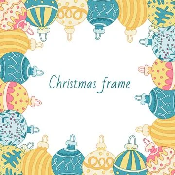 Vector square frame with colorful Christmas baubles balls. Stock Illustration