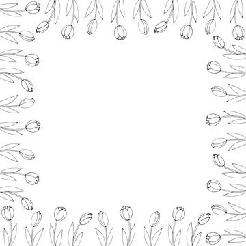 Vector square frame of contoured tulip flowers growing along edge. Hand drawn Illustrazione stock