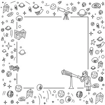 Vector square frame design of astronomer and astronomic objects. Illustrazione stock