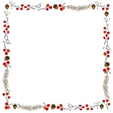 Vector square frame made of outline color twigs, berries, acorns hand drawn i Illustrazione stock