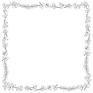 Vector square frame made of outline twigs, berries, acorns hand drawn in dood Stock Illustration
