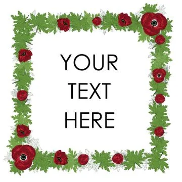 Vector square frame with red anemones and leaves. Floral frame. Illustrazione stock