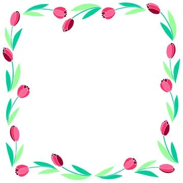 Vector square frame, wreath from flat red tulips. Spring flowers. Bright ba.. 스톡 일러스트