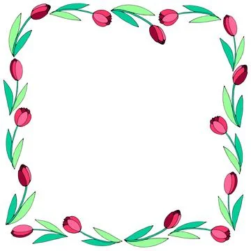 Vector square frame, wreath from outline red tulips. Spring flowers. Bright.. 스톡 일러스트