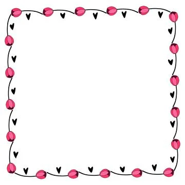 Vector square frame, wreath from red tulips and hearts. Hand drawn doodle iso Stock Illustration