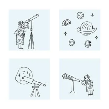 Vector square set design of astronomer and astronomic objects. Illustrazione stock