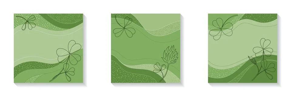 Vector square set of illustrations for social media. Clover leaves and flowers. Stock Illustration