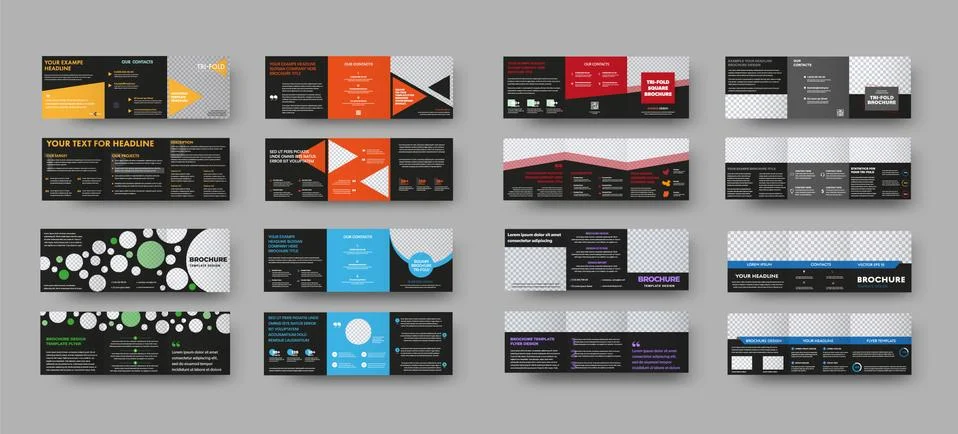 Vector square trifold with black background and color illustration elements,  Stock Illustration