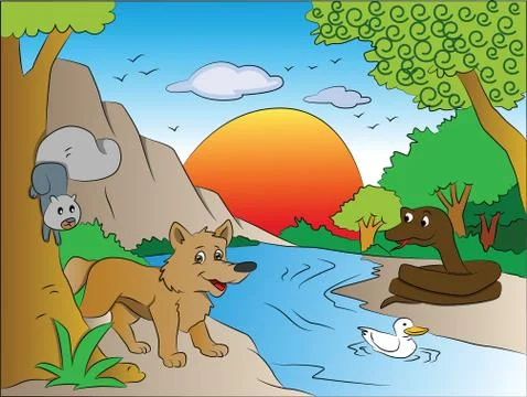 Vector of squirrel and fox watching snake on other side of lake. Stock Illustration