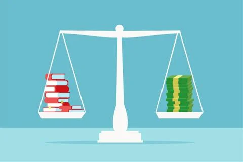 Vector of a stack of books on a scale balancing pile of dollar cash Stock Illustration