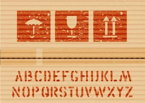 Vector standard cargo grunge icon box signs and alphabet. Umbrella, glass, arrow Stock Illustration